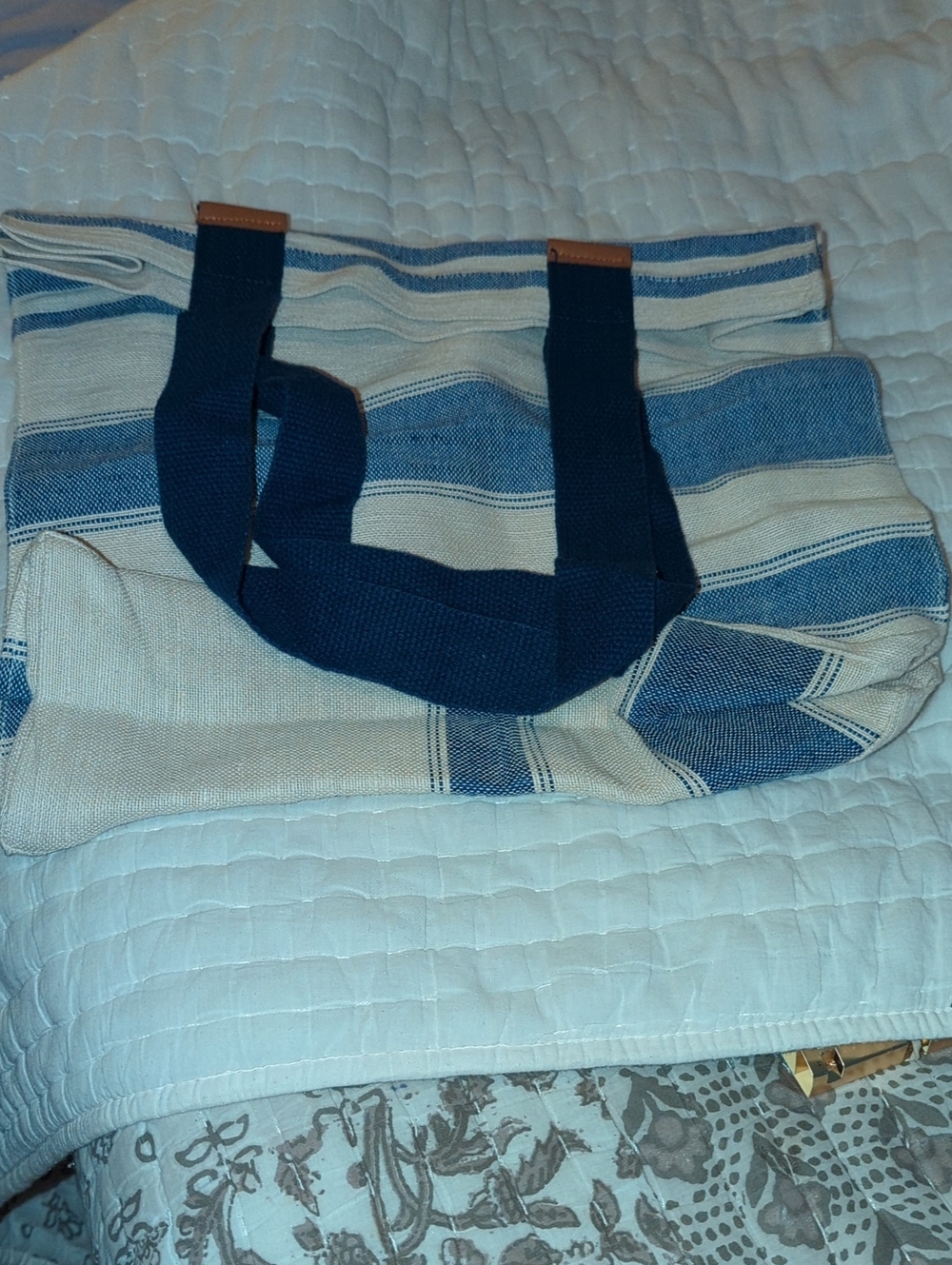 Striped Blue and Cream Canvas Tote Bag with Navy Handles